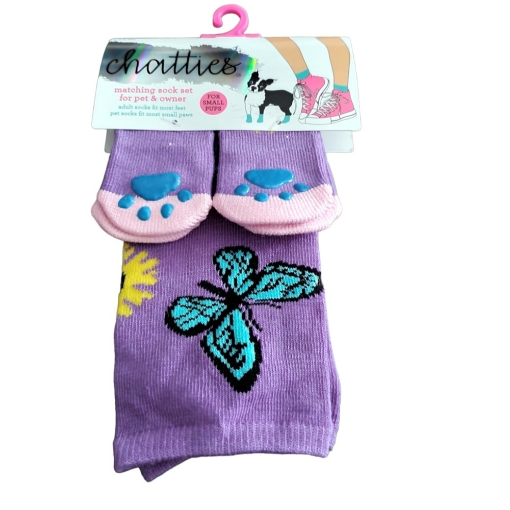 Chatties Matching Small pet & adult crew purple butterfly socks NWT